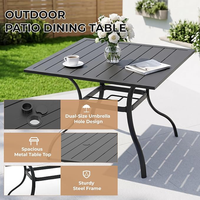 Anmutig 5 Piece Patio Dining Set, Outdoor Black Stackable Chairs and 35" Square Metal Patio Table with 1.57" Umbrella Hole for Garden Backyard Deck, Black