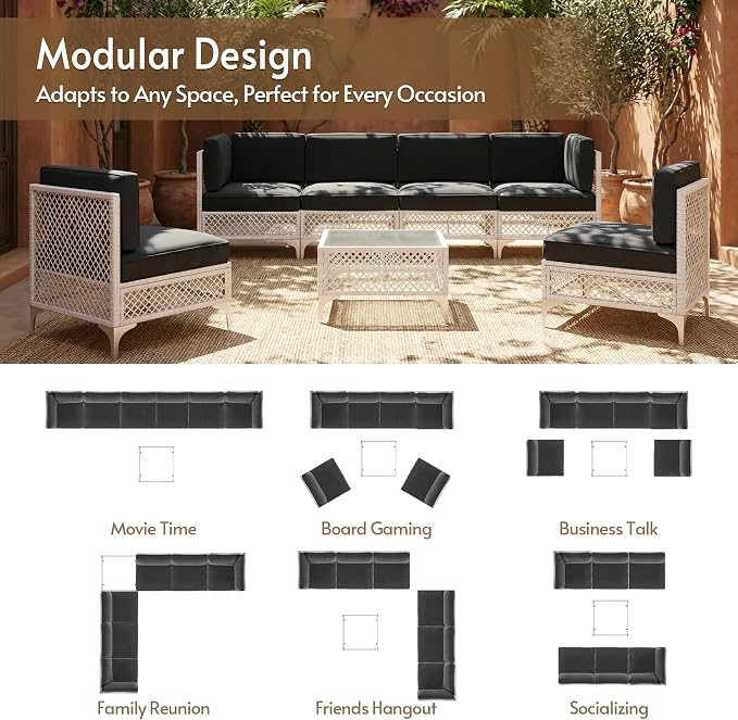 7-Piece Outdoor Sofa with Thick Cushion, Lightweight Patio Sectional with Effortless Assembly, Space-Saving Outdoor Furniture Set & Easy-Clean Open Weave Wicker for Backyard, Garden (Gray)