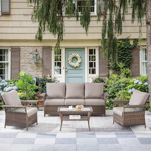Patio Furniture Set 2 Wicker Patio Chairs 1 Sofa with PE Rattan Coffee Table Brown Wicker Grey Cushions Patio Conversation Set 4pcs for Garden Balcony Sunroom Backyard