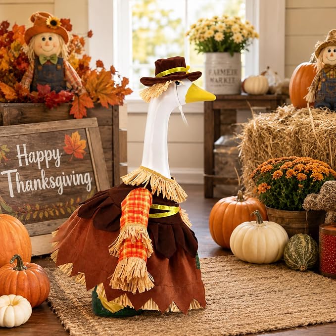 DECOHS 2 Pcs/Set Scarecrow Porch Goose Outfits, Fall Thanksgiving Lawn Goose Statue Scarecrow Costume, Garden Goose Scarecrows Clothes Hat for 23" Statue Autumn Halloween Outdoor Patio Yard Decoration