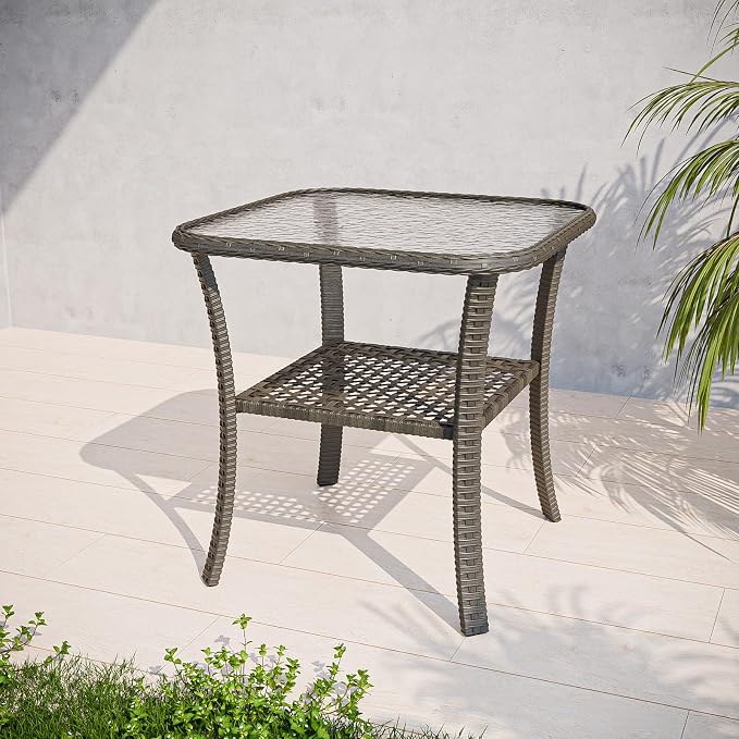EAGLE PEAK Rustic Veranda Outdoor Wicker Side Table with Lower Storage, Rattan Coffee Table with Tempered Glass Top, Stonewash Gray