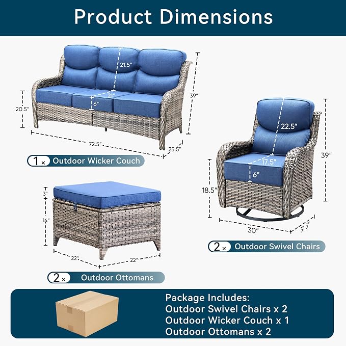 Luxury 5 Pieces Outdoor Patio Furniture Set-High Back Swivel Rocker Patio Chairs with Sofa and Ottomans, 6-inch Extra Thick Cushions Wicker Outdoor Conversation Set for Garden Porch(Grey/Blue)