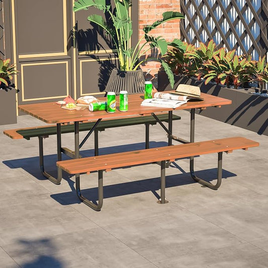 72" Rectangular Outdoor Picnic Table - 6 Person Brown Wooden Dining Set with Built-in Benches, Ideal for Garden BBQ & Courtyards