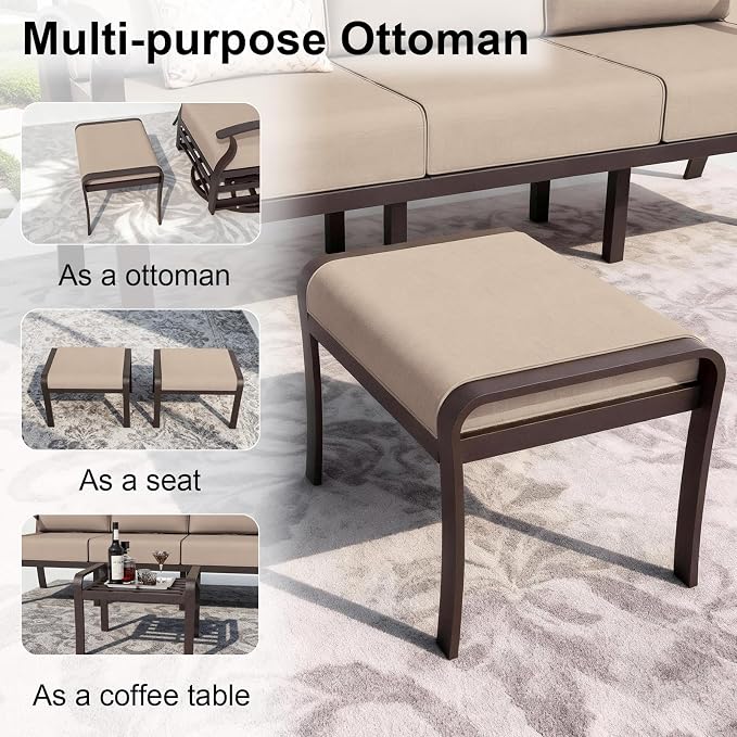 ALAULM Aluminum Patio Furniture Set with Coffee Table Rectangular, 5-seat Outdoor Sectional Furniture w/2 Swivel Chairs, Patio Conversation Set for Porch, Backyard, Poolside-Grey