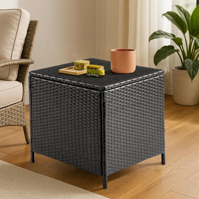 Vasitelan Outdoor Wicker Storage Side Table, Patio Brown PE Rattan End Table with Storage, Square Container for Furniture Covers, Gardening Tools (Black)