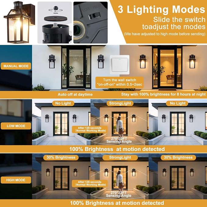 Yisuro Porch Lights with GFCI Outlet, Dusk to Dawn Motion Sensor Outdoor Light, 3 Lighting Modes Exterior Fixture, Outside for House Front Door Patio Garage(2 Pack Brown)