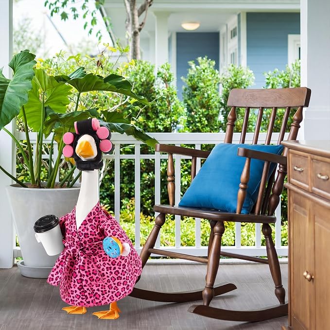 Shyyween Lady Porch Goose Outfit for 23'' Cement Plastic Lawn Goose Statue Clothes Pink Leopard Bathrobe Coffee Cup Curlers for Outdoor Garden Yard Patio Decoration
