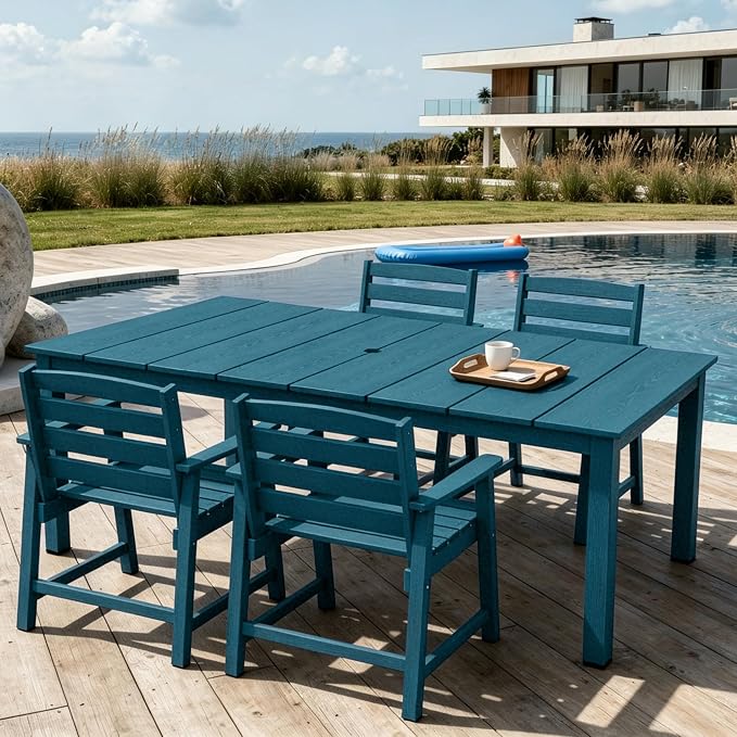 AreShark 5-Piece Outdoor Dining Set,HDPE Patio Table with 4 Chairs,All-Weather Patio Furniture Set with Umbrella Hole,Low Maintenance Wood Grain Dining Set for Backyard,Garden,Poolside,Navy Blue