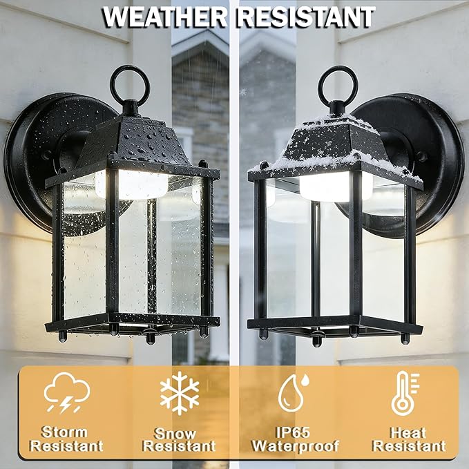 Outdoor Wall Light Fixture, Rustproof Aluminum, Clear Glass, LED | Exterior Porch Light Wall Sconce Lantern for House, Patio, Garage, Waterproof Anti-rust, 9.5W 800 Lumen, 5000K, Black, 2 Pack