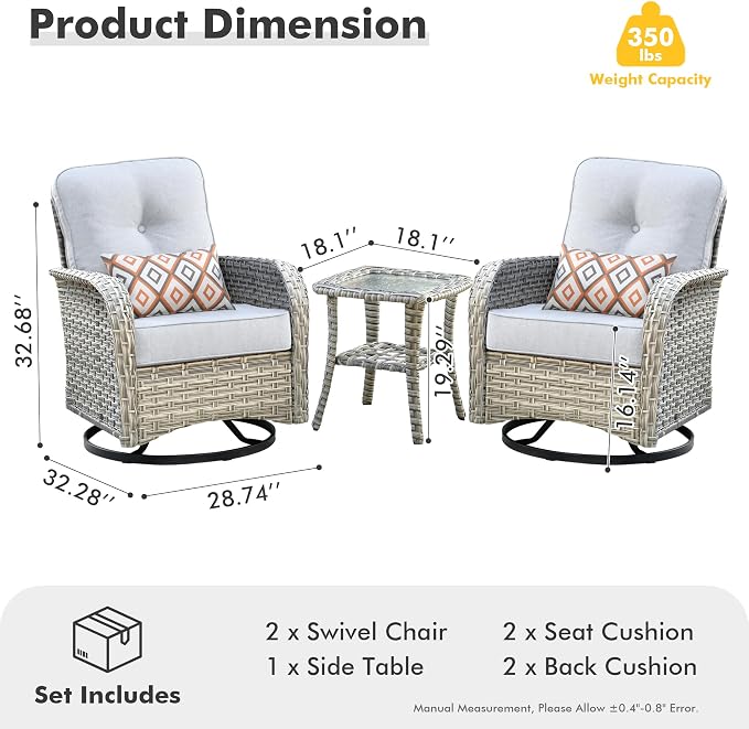HOOOWOOO Outdoor Patio Bistro Set,3 Pieces Wicker Out Door Swivel Rocking Chair with Matching Side Table,Patio Furniture Sets,Light Gray