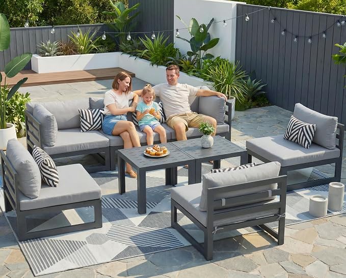 NICESOUL 8 Piece Extra Large Modern Aluminum Outdoor Sofa, 29" Deep Wide Seating, 500 lbs Durable Sectional Set for Heavy People, Rust Resistant Patio Furniture Set for Backyard Poolside, Light Gray
