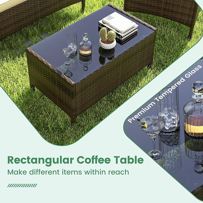RELAX4LIFE 8-Piece Patio Furniture Set - Rattan Outdoor Conversation Bistro Set w/Cushions, Glass Coffee Table, Wicker Chairs & Loveseat for Garden Backyard Porch, Balcony Furniture Set (2, Beige)