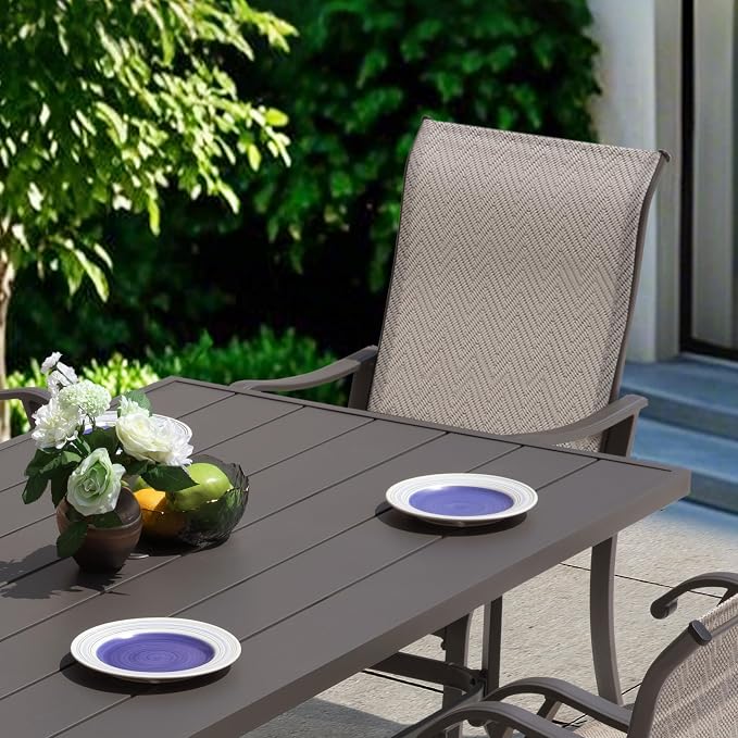 NUU GARDEN 7 Piece Outdoor Dining Set, 6 Textilene Dining Chairs and 60.6'' Rectangular Slatted Table with Umbrella Hole, Weather-Resistant Patio Dining Furniture for Garden Patio Backyard, Beige
