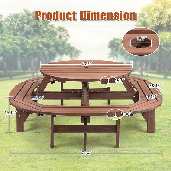 12-Person Picnic Table and Chairs Set, Outdoor Round Wooden patio Tables with DIY w/1 Built-in Ring Stool & Umbrella Hole, 500-lb Weight Capacity for Patios, Backyard (Walnut Brown, 10-12-person)