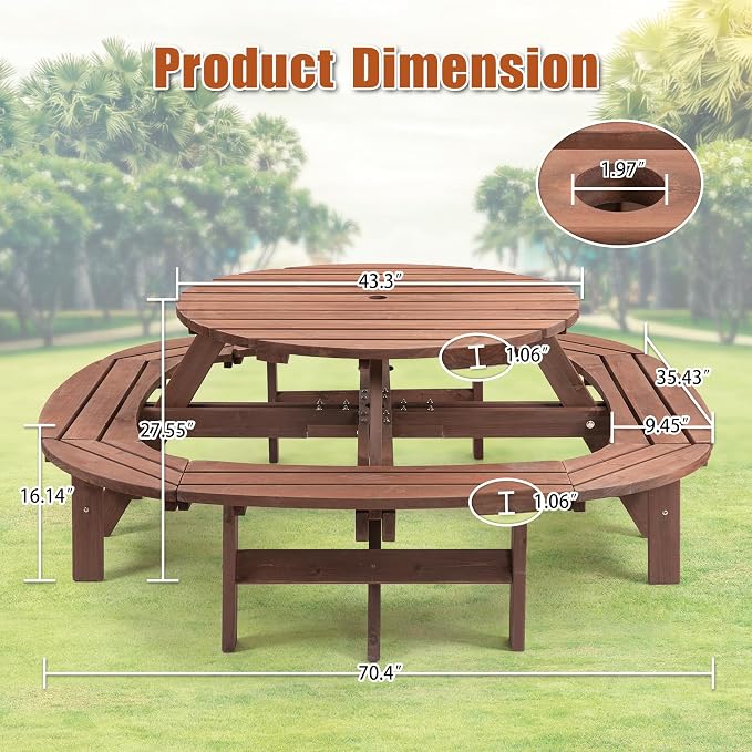 Henf 10-12 Person Wood Picnic Tables for Outdoors,Round Picnic Table with Umbrella Hole,Ring Built-in Benches,Patio Table and Bench Set for Garden,Patio, Backyard,2220LBS Total Capacity,Walnut Brown
