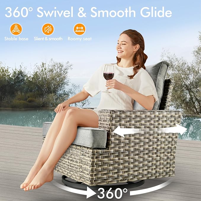 9 Pcs Outdoor Sectional Patio Furniture Set with Swivel Rocking Chairs - All Weather Wicker Modular Outside Sectional Couch,Patio Seating Outdoor Conversation Set for Deck Yard Garden,Dark Grey