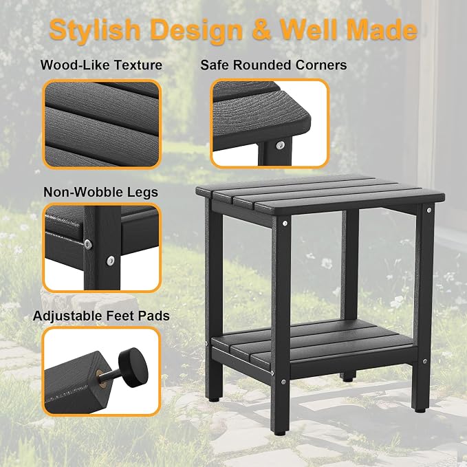 Outdoor Side Table, Small Square Patio Side Table with Adjustable Feet, All-Weather HDPE Adirondack End Tables for Porch Deck Balcony Pool, 2-Tier Storage, Easy Maintenance, Black