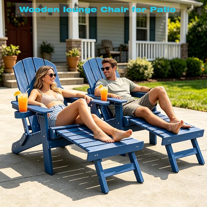 Outdoor Foldable Adirondack Chair with footrest,Patio Recliner,3-Level Adjustable Backrest,Hidden Ottoman,Ergonomic Design,Ideal for Patio,Camping, Pool Use.(Blue)