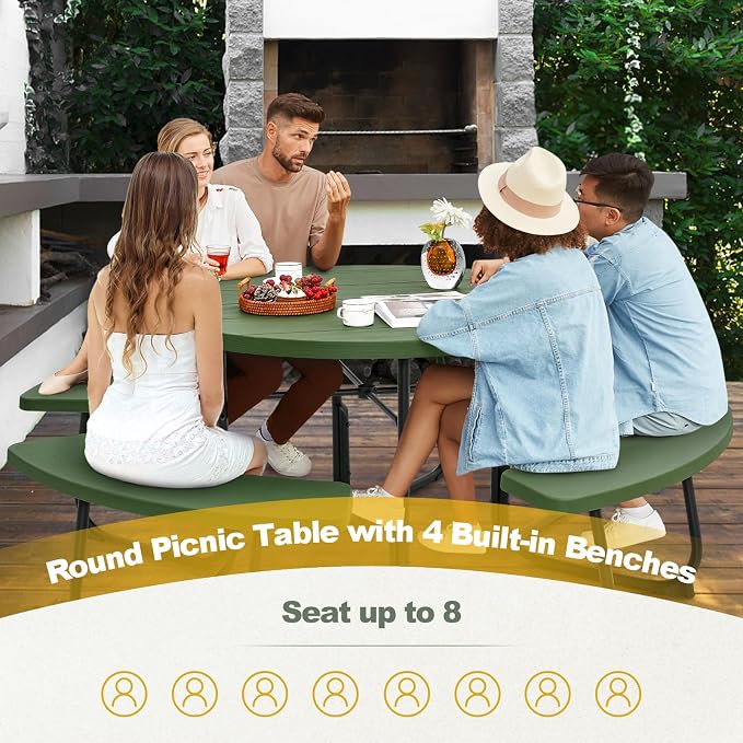 Moccha Picnic Table Bench Set - Outdoor Table and Chairs with Umbrella Hole, HDPE Tabletop & Metal Frame, Dining Table Set, Outdoor Camping Table for Garden Backyard Porch Patio Table Set (Green)