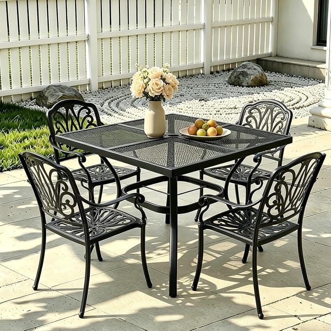 Square Metal Mesh Patio Dining Table for 4, Black Electroplated Steel Outdoor Dining Furniture Table with Umbrella Hole, Patio Furniture for Backyard, Porch, Deck
