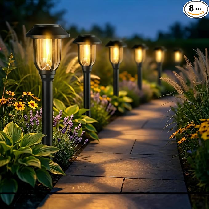 Solar Pathway Lights Outdoor 8 Pack, Warm White Solar Path Lights, Waterproof Energy Efficient Landscape Lights Decorative Auto On/Off, Solar Garden Lights for Yard Walkway Driveway Patio