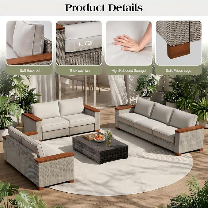 PaPaJet Outdoor Loveseat Patio Sofa, Wicker Couch with Solid Armrests & Legs, 4.7" Thick Cushion, UV-Resistant Modular Sofa for Porch, Backyard, Garden