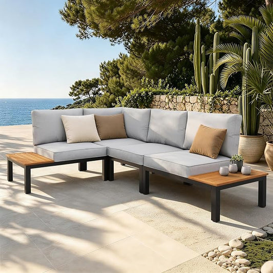 Sophia & William 4 Piece Metal Outdoor Sectional Sofa with Cushion, 4-seat Patio Furniture Set with Side Table, Modern L-Shape Outdoor Couch for Deck Garden Backyard