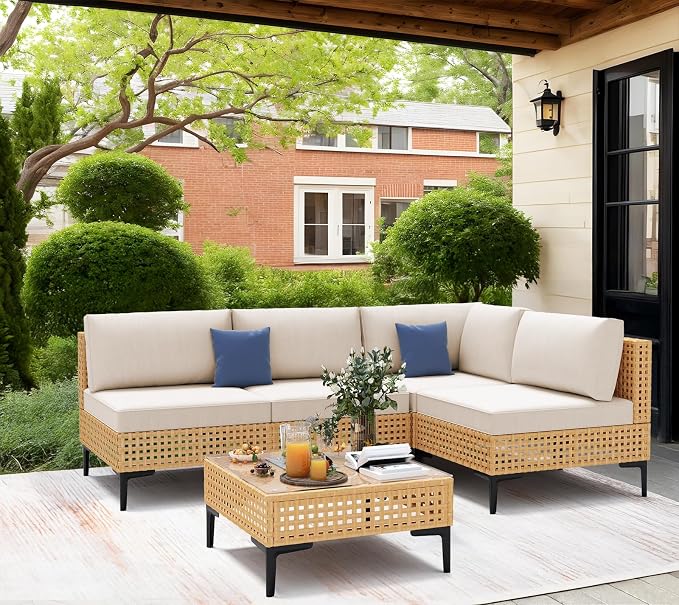 Restland 5 Piece Patio Furniture Wicker Modular Design Outdoor Sectional with Thick Cushion Large Patio Set Modern Boho Outdoor Conversation Set for Backyard, Porch