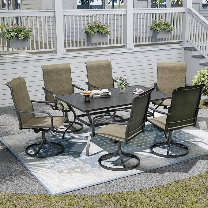 Patio Dining Set,Including 60"x 38" Steel Slat Dining Table and 6 Swivel Patio Chairs,Outdoor Furniture Set with 1.6" Umbrella Hole for All Weather