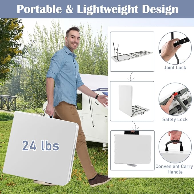 Tangkula 6 FT Folding Table, Indoor Outdoor Foldable Plastic Table with HDPE Tabletop, Sturdy Metal Fame, Carrying Handle, Heavy Duty Portable Fold-in-Half Picnic Table for Camping BBQ Party
