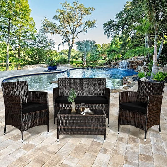 4 Pieces Patio Sofa Set, Wicker Conversation Set with Ergonomic Curved Backrest, Patio Rattan Furniture Set with Water-Resistant Cushion & Tempered Glass Table for Balcony, Porch (Black)