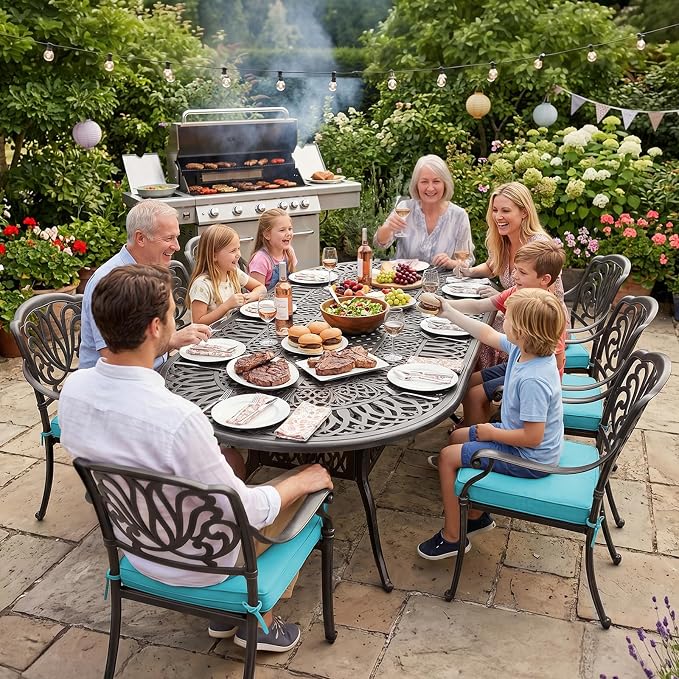 VIVIJASON 9-Piece Outdoor Furniture Dining Set, All-Weather Cast Aluminum Patio Conversation Set, Include 8 Cushioned Chairs and an Oval Table with Umbrella Hole for Lawn Backyard, Ocean Blue Cushion