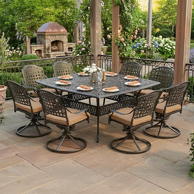 VIVIJASON 9-Piece Outdoor Dining Furniture Set, Cast Aluminum Patio Table & Chairs Set for 8, Include Large 64" Square Dining Table and 8 Swivel Rocker Chairs with Umbrella Hole, Khaki