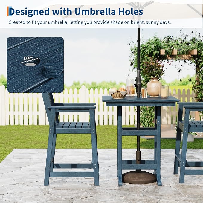3-Piece HDPE Outdoor Bar Table and Stools Set, 39.6" Tall Pub Table with Umbrella Hole and 2 Counter Height Chairs, Weatherproof Patio Dining Furniture for Backyard, Balcony, Bistro, Navy Blue