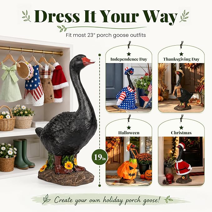 GIGALUMI 19" Large Porch Black Goose Statue, Durable Resin Garden Decor, Hand-Painted Animal Sculpture Indoor Outdoor, Patio Lawn Yard Art Ornaments, Birthday Housewarming Gift for Women Mom Grandma
