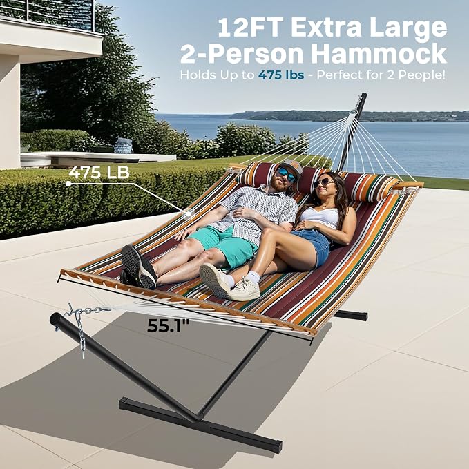 SUPERJARE Hammock with Stand, 2 Person Quilted Outdoor Hammock, Detachable Pillow & Bamboo Spreaders, Portable Hammock with Carrying Bag, Heavy Duty Stand, Perfect for Outside, Patio, Maple-Leaf Red