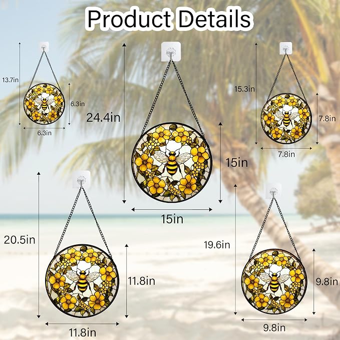 Stained Glass Window Hanging - Yellow Flowers Surrounded by Bees Sun Catcher for Door Garden Home Decor Cute Suncatcher Christmas Mother's Day Birthday Gifts for Women Men Mom Nana 11.8 in