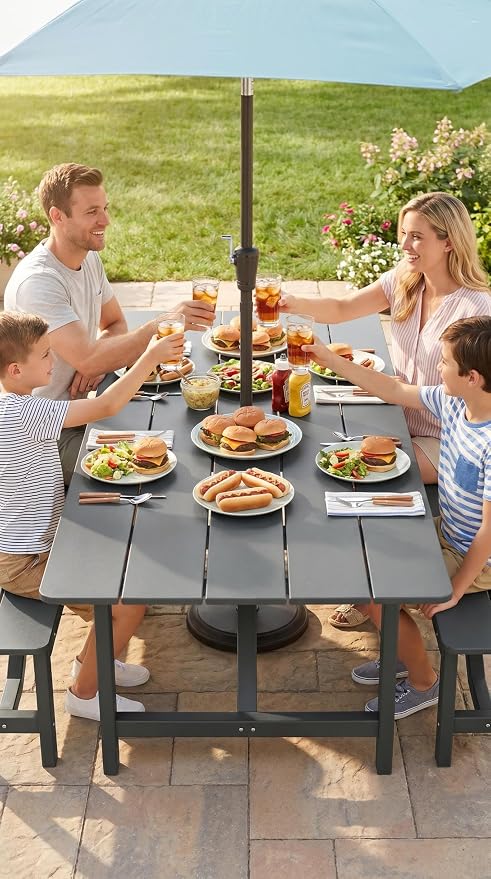 Amopatio HDPE Patio Outdoor Dining Table for 6 All Weather 67'' Rectangular Table with Umbrella Hole for Porch Deck Garden Backyard Poolside