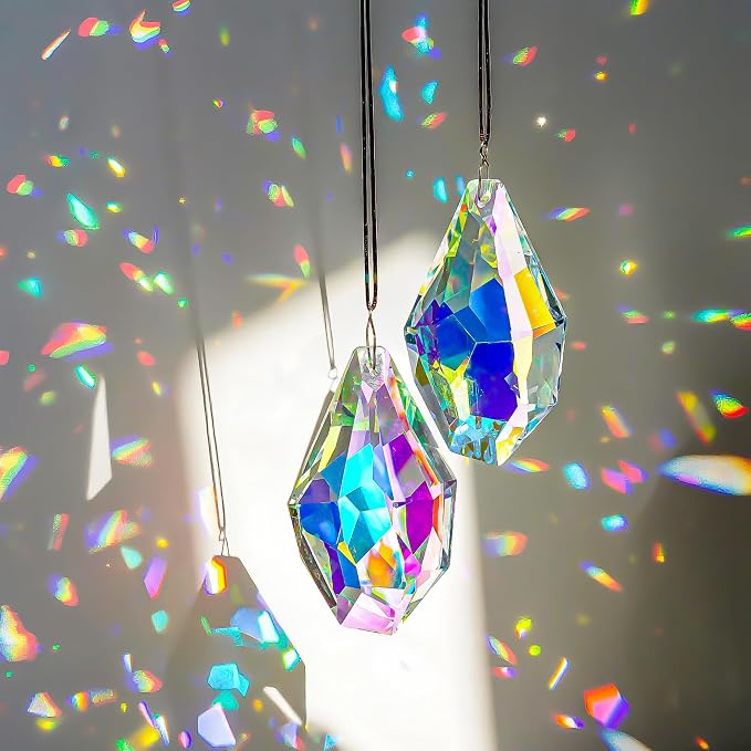 2 Pcs 3.5 Inch AB Crystal Prism Suncatcher Window Decor | AB Colored Crystal Prism Suncatcher Rainbow Maker Hanging Pendants Set of 2 for Window Garden Home Office Wedding Decor Gift