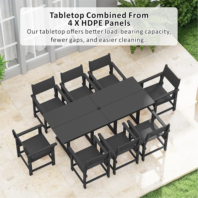 9-Piece HDPE Outdoor Patio Dining Set,Outdoor Table and Chairs,Modern Plastic Dining Sets with Umbrella Hole Cut-Out Table and 8 Chairs Black