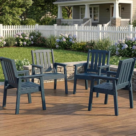 Takywep 23.9” Wide HDPE Patio Dining Chairs Set of 4, 650LBS Capacity All-Weather Yard Armchair with Slatted Seat, Heavy Duty Modern Backyard Furniture for Garden, Poolside, Deck, Blue