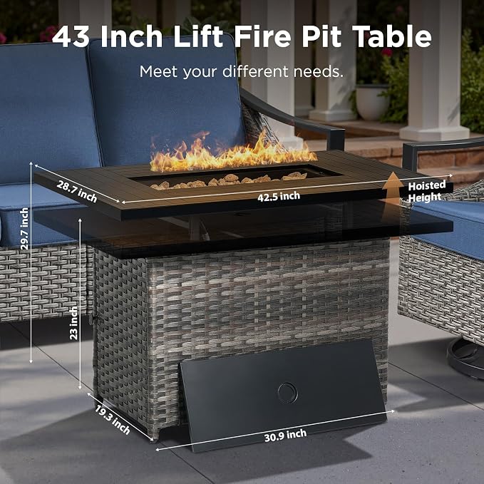 Patio Furniture Set with 42.5" Fire Pit Table-7 Pieces All Weather Wicker Outdoor Furniture with High Back Swivel Patio Chairs Set of 2 Outdoor Patio Conversation for Deck Garden Blue/Gray