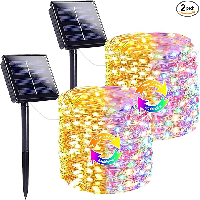 Solar Fairy Lights, 2 Pack Total 400LED 144FT Warm White to Multicolor | Waterproof Color Changing Solar String Lights Outdoor, Copper Wire, 8 Modes Solar Twinkle Lights for Tree Garden Yard Decor