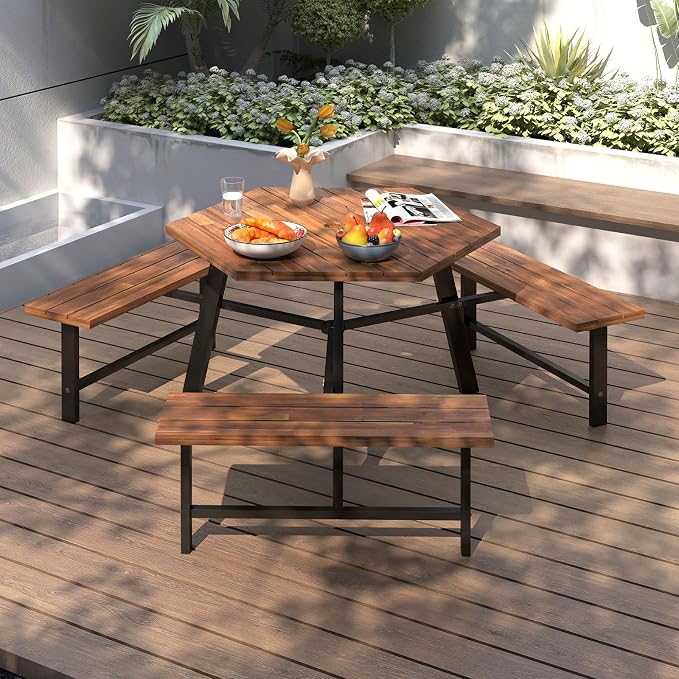 Giantex Picnic Table Bench Set for 6, Acacia Wood Outdoor Dining Table Set with 3 Seats, 1.97" Umbrella Hole, 1720 LBS Capacity, Heavy Duty Metal Frame, for Front Porch Patio Lawn Garden