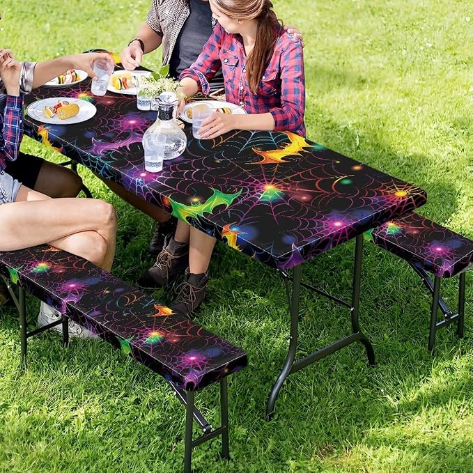 Halloween Picnic Table Cover with Bench Covers Lightweight Camping Essentials, Oil-Proof Waterproof 3PCS Tablecloth with Elastic, Fitted for Table 6FT Rectangle and Seats