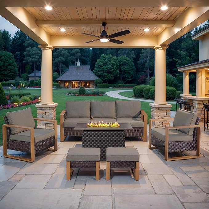 Belord 6 Piece Outdoor Patio Furniture Set with Propane Fire Pit Table, Wicker Patio Conversation Set with2 Patio Wicker Chairs Rattan Sofa and Removable 4" Thick Cushions for Deck Backyard