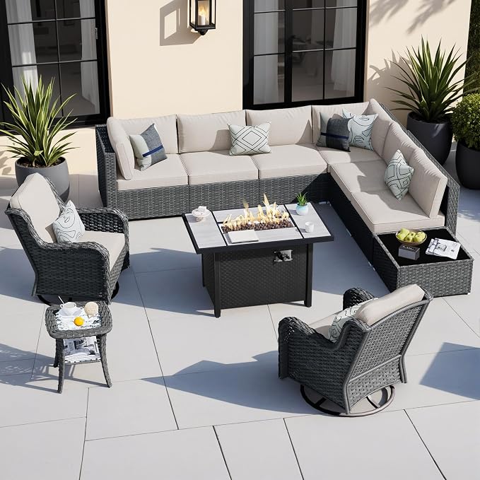 HOOOWOOO Outdoor Patio Furniture with Fire Pit Set 11 Pieces Patio Set with Fire Pit Wicker Outdoor Furniture with Fire Pit Table Set Patio Sectional Set with Swivel Chairs,Beige