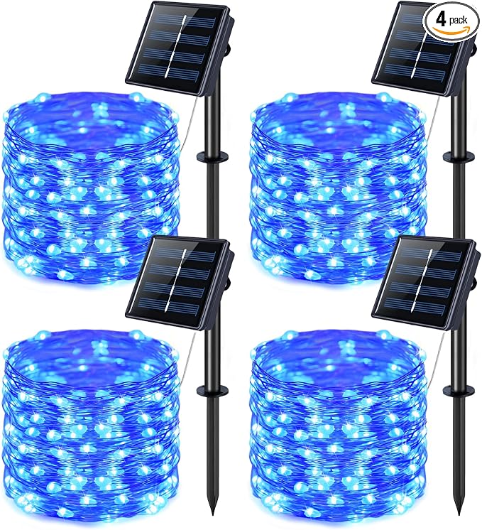 JMEXSUSS 4 Pack Solar Fairy Lights, 33ft 100 LED Solar String Lights, Blue | Outdoor Waterproof, 8 Modes Copper Wire Mini Christmas Lights for Outside Patio Garden Tree Christmas Decorations