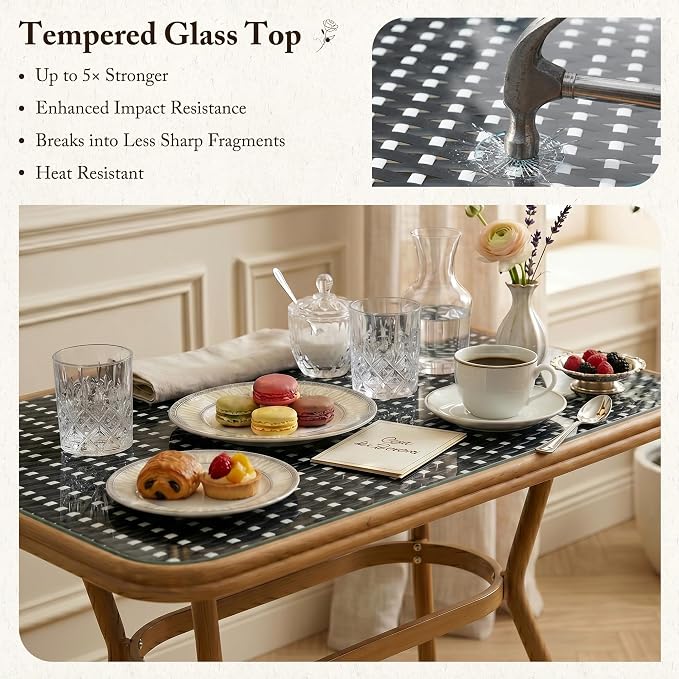 PURPLE LEAF 5-Piece French Bistro Dining Set Rectangle Outdoor Patio Table and 4 Armless Chairs Tempered Glass Top PE Rattan Bamboo Print Finish Aluminum Frame Black