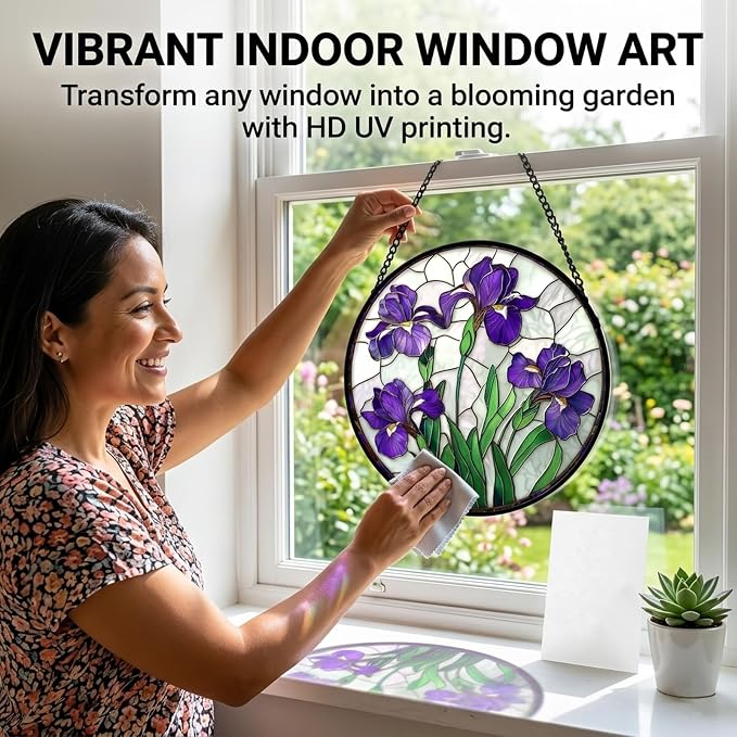 Birthday Gifts for Women - Purple Iris Faux Stained Glass Window Hanging Sun Catcher for Door Garden Acrylic Flower Decor Mother's Day Christmas for Mom Nana Friend Grandma Wife 6.3"